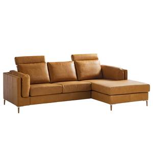 Ecksofa COSO Classic+ mit Longchair Echtleder - Echtleder Taru: Hellbraun - Breite: 246 cm - Longchair davorstehend rechts - Eiche Dunkel