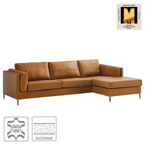 Ecksofa COSO Classic+ mit Longchair Echtleder - Echtleder Taru: Hellbraun - Breite: 287 cm - Longchair davorstehend rechts - Eiche Dunkel