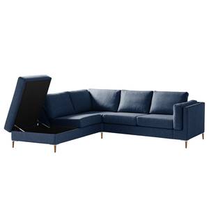 Ecksofa COSO Classic+ mit Ottomane Webstoff - Webstoff Inze: Blau - Breite: 245 cm - Ottomane davorstehend links - Bettkasten - Eiche Dunkel