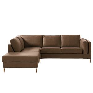 Ecksofa COSO Classic+ mit Ottomane Echtleder - Echtleder Taru: Nougat - Breite: 245 cm - Ottomane davorstehend links - Bettkasten - Eiche Dunkel