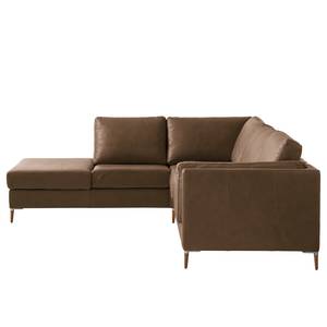 Ecksofa COSO Classic+ mit Ottomane Echtleder - Echtleder Taru: Nougat - Breite: 245 cm - Ottomane davorstehend links - Bettkasten - Eiche Dunkel