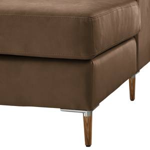 Ecksofa COSO Classic+ mit Ottomane Echtleder - Echtleder Taru: Nougat - Breite: 245 cm - Ottomane davorstehend links - Bettkasten - Eiche Dunkel