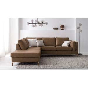 Ecksofa COSO Classic+ mit Ottomane Echtleder - Echtleder Taru: Nougat - Breite: 245 cm - Ottomane davorstehend links - Bettkasten - Eiche Dunkel