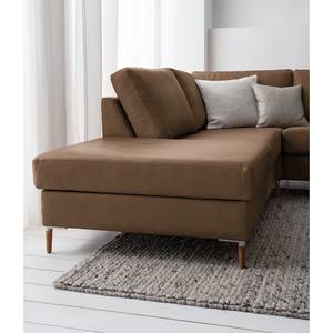 Ecksofa COSO Classic+ mit Ottomane Echtleder - Echtleder Taru: Nougat - Breite: 245 cm - Ottomane davorstehend links - Bettkasten - Eiche Dunkel