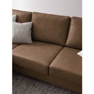 Ecksofa COSO Classic+ mit Ottomane Echtleder - Echtleder Taru: Nougat - Breite: 245 cm - Ottomane davorstehend links - Bettkasten - Eiche Dunkel