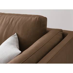 Ecksofa COSO Classic+ mit Ottomane Echtleder - Echtleder Taru: Nougat - Breite: 245 cm - Ottomane davorstehend links - Bettkasten - Eiche Dunkel