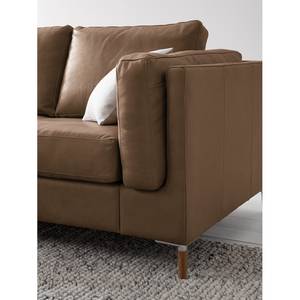 Ecksofa COSO Classic+ mit Ottomane Echtleder - Echtleder Taru: Nougat - Breite: 245 cm - Ottomane davorstehend links - Bettkasten - Eiche Dunkel