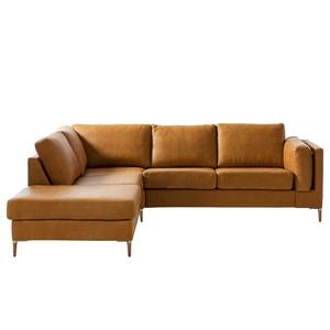 Ecksofa COSO Classic+ mit Ottomane Echtleder - Echtleder Taru: Hellbraun - Breite: 245 cm - Ottomane davorstehend links - Bettkasten - Eiche Dunkel