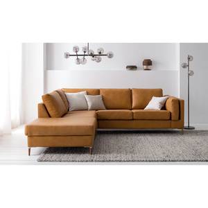 Ecksofa COSO Classic+ mit Ottomane Echtleder - Echtleder Taru: Hellbraun - Breite: 245 cm - Ottomane davorstehend links - Bettkasten - Eiche Dunkel