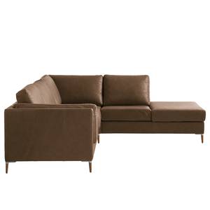 Ecksofa COSO Classic+ mit Ottomane Echtleder - Echtleder Taru: Nougat - Breite: 245 cm - Ottomane davorstehend rechts - Bettkasten - Eiche Dunkel