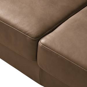 Ecksofa COSO Classic+ mit Ottomane Echtleder - Echtleder Taru: Nougat - Breite: 245 cm - Ottomane davorstehend rechts - Bettkasten - Eiche Dunkel