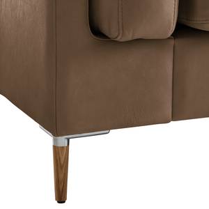 Ecksofa COSO Classic+ mit Ottomane Echtleder - Echtleder Taru: Nougat - Breite: 245 cm - Ottomane davorstehend rechts - Bettkasten - Eiche Dunkel