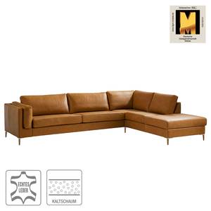 Ecksofa COSO Classic+ mit Ottomane Echtleder - Echtleder Taru: Hellbraun - Breite: 311 cm - Ottomane davorstehend rechts - Keine Funktion - Eiche Dunkel