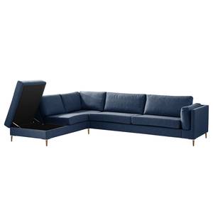 Ecksofa COSO Classic+ mit Ottomane Webstoff - Webstoff Inze: Blau - Breite: 311 cm - Ottomane davorstehend links - Bettkasten - Eiche Dunkel