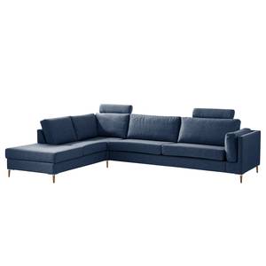 Ecksofa COSO Classic+ mit Ottomane Webstoff - Webstoff Inze: Blau - Breite: 311 cm - Ottomane davorstehend links - Bettkasten - Eiche Dunkel