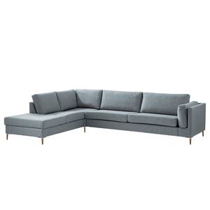 Ecksofa COSO Classic+ mit Ottomane Webstoff - Webstoff Inze: Graublau - Breite: 311 cm - Ottomane davorstehend links - Bettkasten - Eiche Dunkel