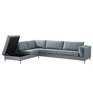 Ecksofa COSO Classic+ mit Ottomane Webstoff - Webstoff Inze: Graublau - Breite: 311 cm - Ottomane davorstehend links - Bettkasten - Eiche Dunkel