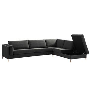 Ecksofa COSO Classic+ mit Ottomane Webstoff - Chenille Rufi: Anthrazit - Breite: 311 cm - Ottomane davorstehend rechts - Bettkasten - Eiche Dunkel