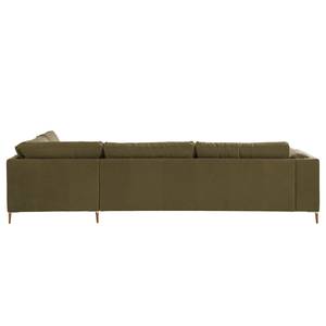 Ecksofa COSO Classic+ mit Ottomane Echtleder - Echtleder Taru: Olivgrün - Breite: 311 cm - Ottomane davorstehend rechts - Bettkasten - Eiche Dunkel