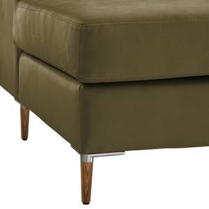 Ecksofa COSO Classic+ mit Ottomane Echtleder - Echtleder Taru: Olivgrün - Breite: 311 cm - Ottomane davorstehend rechts - Bettkasten - Eiche Dunkel