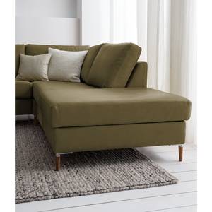 Ecksofa COSO Classic+ mit Ottomane Echtleder - Echtleder Taru: Olivgrün - Breite: 311 cm - Ottomane davorstehend rechts - Bettkasten - Eiche Dunkel