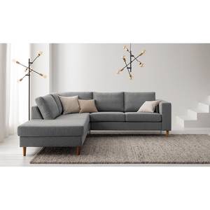 Ecksofa COSO Classic mit Ottomane Webstoff - Stoff Lica: Hellgrau - Breite: 238 cm - Ottomane davorstehend links - Bettkasten - Eiche