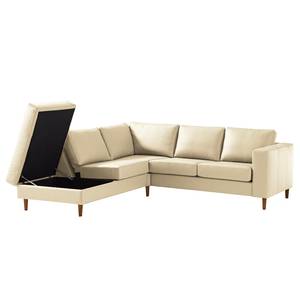 Ecksofa COSO Classic mit Ottomane Echtleder - Echtleder Neto: Creme - Breite: 238 cm - Ottomane davorstehend links - Bettkasten - Eiche