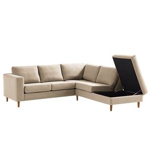 Ecksofa COSO Classic mit Ottomane Webstoff - Webstoff Milan: Beige - Breite: 238 cm - Ottomane davorstehend rechts - Bettkasten - Eiche