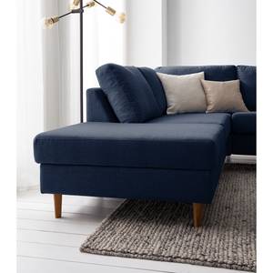 Ecksofa COSO Classic mit Ottomane Webstoff - Webstoff Milan: Dunkelblau - Breite: 238 cm - Ottomane davorstehend links - Bettkasten - Eiche