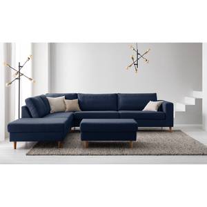 Ecksofa COSO Classic mit Ottomane Webstoff - Webstoff Milan: Dunkelblau - Breite: 304 cm - Ottomane davorstehend links - Keine Funktion - Eiche