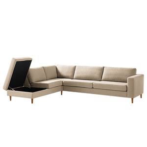 Ecksofa COSO Classic mit Ottomane Webstoff - Webstoff Milan: Beige - Breite: 304 cm - Ottomane davorstehend links - Bettkasten - Eiche