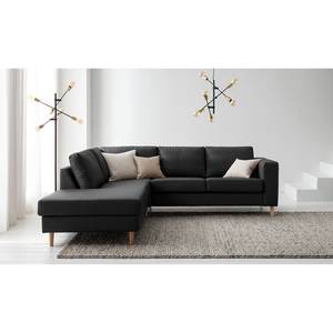 Ecksofa COSO Classic mit Ottomane Echtleder - Echtleder Neto: Schwarz - Breite: 238 cm - Ottomane davorstehend links - Bettkasten - Esche