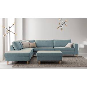 Ecksofa COSO Classic mit Ottomane Webstoff - Stoff Lica: Petrol - Breite: 304 cm - Ottomane davorstehend links - Bettkasten - Esche