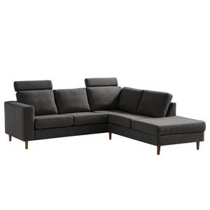 Ecksofa COSO Classic mit Ottomane Webstoff - Webstoff Milan: Anthrazit - Breite: 238 cm - Ottomane davorstehend rechts - Keine Funktion - Walnuss