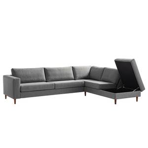 Ecksofa COSO Classic mit Ottomane Webstoff - Stoff Lica: Hellgrau - Breite: 304 cm - Ottomane davorstehend rechts - Bettkasten - Walnuss