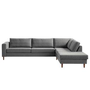 Ecksofa COSO Classic mit Ottomane Webstoff - Stoff Lica: Hellgrau - Breite: 304 cm - Ottomane davorstehend rechts - Bettkasten - Walnuss