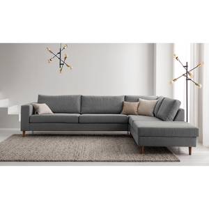 Ecksofa COSO Classic mit Ottomane Webstoff - Stoff Lica: Hellgrau - Breite: 304 cm - Ottomane davorstehend rechts - Bettkasten - Walnuss