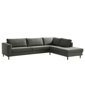 Ecksofa COSO Classic mit Ottomane Webstoff - Stoff Lica: Dunkelgrau - Breite: 304 cm - Ottomane davorstehend rechts - Bettkasten - Walnuss