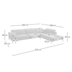 Canapé d’angle BERRIE méridienne longue Tissu Milan : Gris clair - Largeur : 325 cm - Méridienne longue à droite (vue de face)