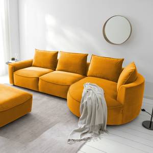 Canapé d’angle BUCKLEY avec ottomane Velours - Velours Shyla: Orange jaune - Méridienne courte à droite (vue de face)