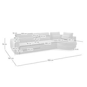 Ecksofa WILLOWS 3-Sitzer mit Ottomane Samt Shyla: Grau - Ottomane davorstehend rechts