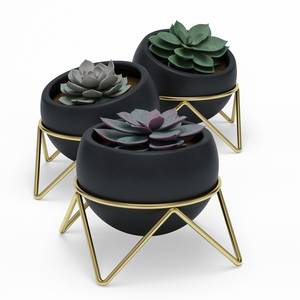 Pots de fleur Potsy (lot de 3) Céramique / Fil métallique / Acier - Noir