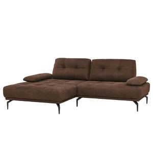 Hoekbank Linville echt leer - Leer Poas: Chocoladebruin - Breedte: 258 cm - Longchair vooraanzicht links - Zonder hoofdsteun