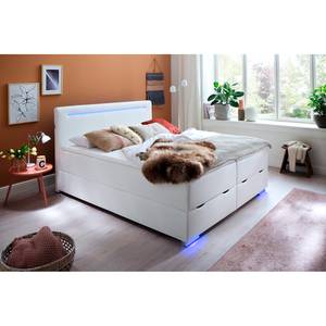 Letto boxspring Las Vegas Incl. illuminazione piedi e testiera, contenitore e topper - Similpelle Mei: bianco - 180 x 200cm