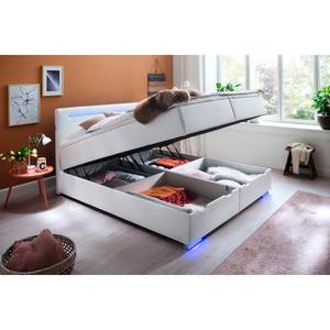 Letto boxspring Las Vegas Incl. illuminazione piedi e testiera, contenitore e topper - Similpelle Mei: bianco - 180 x 200cm