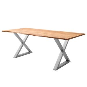 Houten eettafel met boomrand KAPRA Bruin acaciahout - 160 x 90 cm - Zilver - X-vorm -  Hoogte tafelblad: 2.5 cm