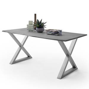 Houten eettafel met boomrand KAPRA Acaciahouten Grijs - 160 x 90 cm - Zilver - X-vorm -  Hoogte tafelblad: 2.5 cm