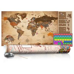 Carte du monde à gratter vintage Toile - Beige - Crème