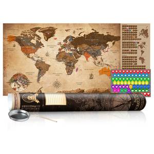 Carte du monde à gratter vintage Toile - Beige - Noir