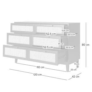 Kast CANEE 80 cm 6 lades Weens vlechtwerk/fineer van echt hout - natuurlijk/zwart eikenhout